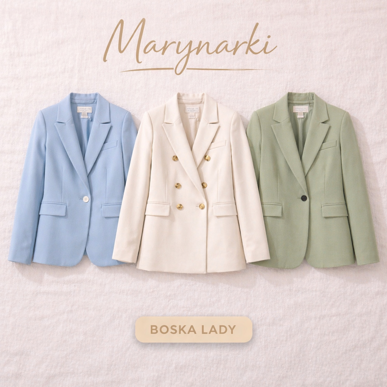 Marynarki damskie Boska Lady – eleganckie marynarki w kolorze niebieskim, beżowym i zielonym