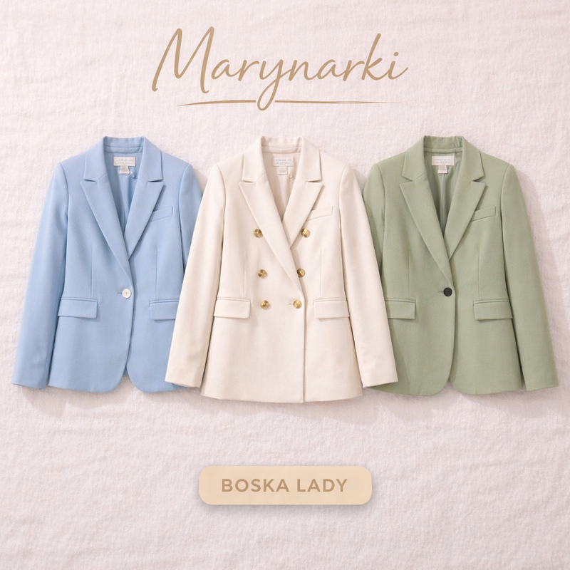 Marynarki damskie Boska Lady – eleganckie marynarki w kolorze niebieskim, beżowym i zielonym