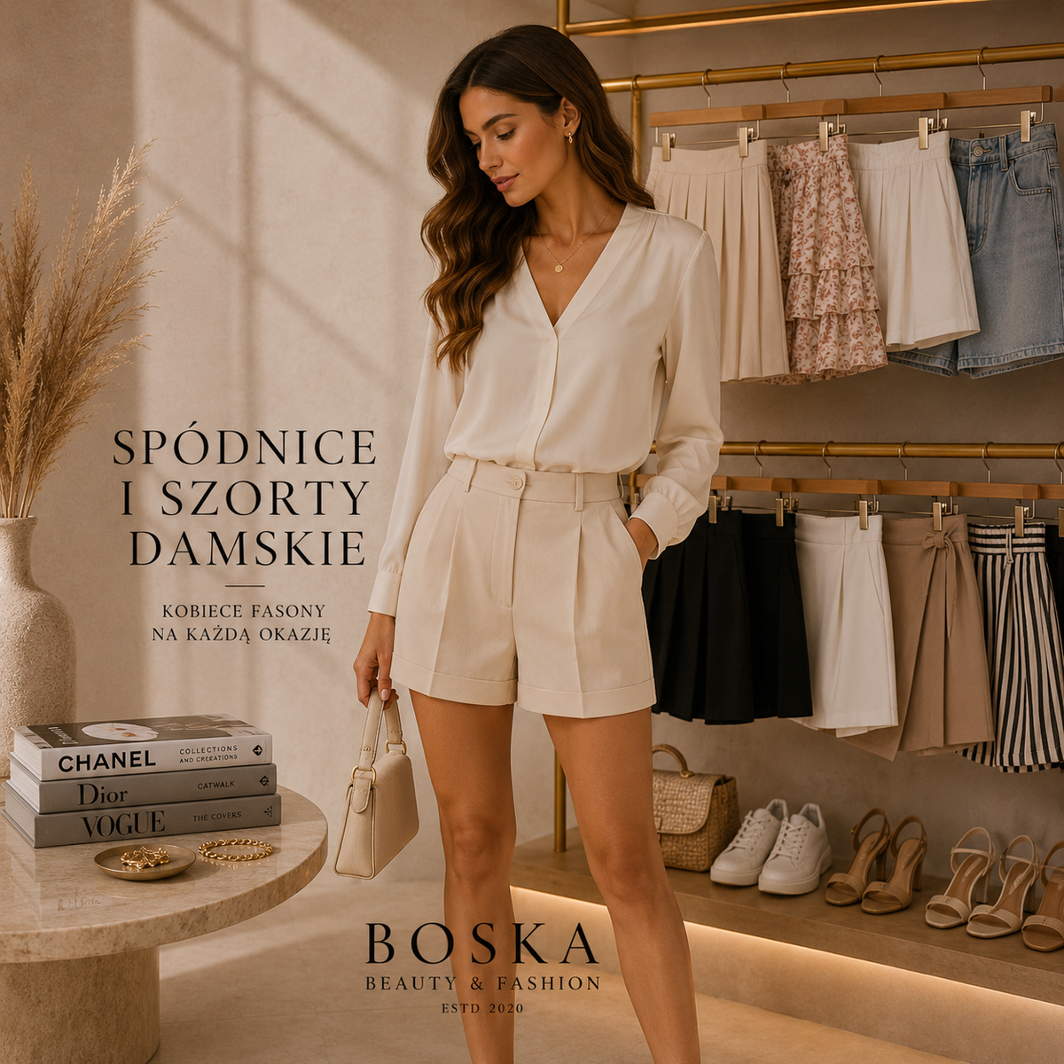 Spódnice i szorty damskie Boska Lady – modelka w eleganckich beżowych szortach, w tle modne spódnice i szorty w różnych fasonach na co dzień i wyjątkowe okazje.