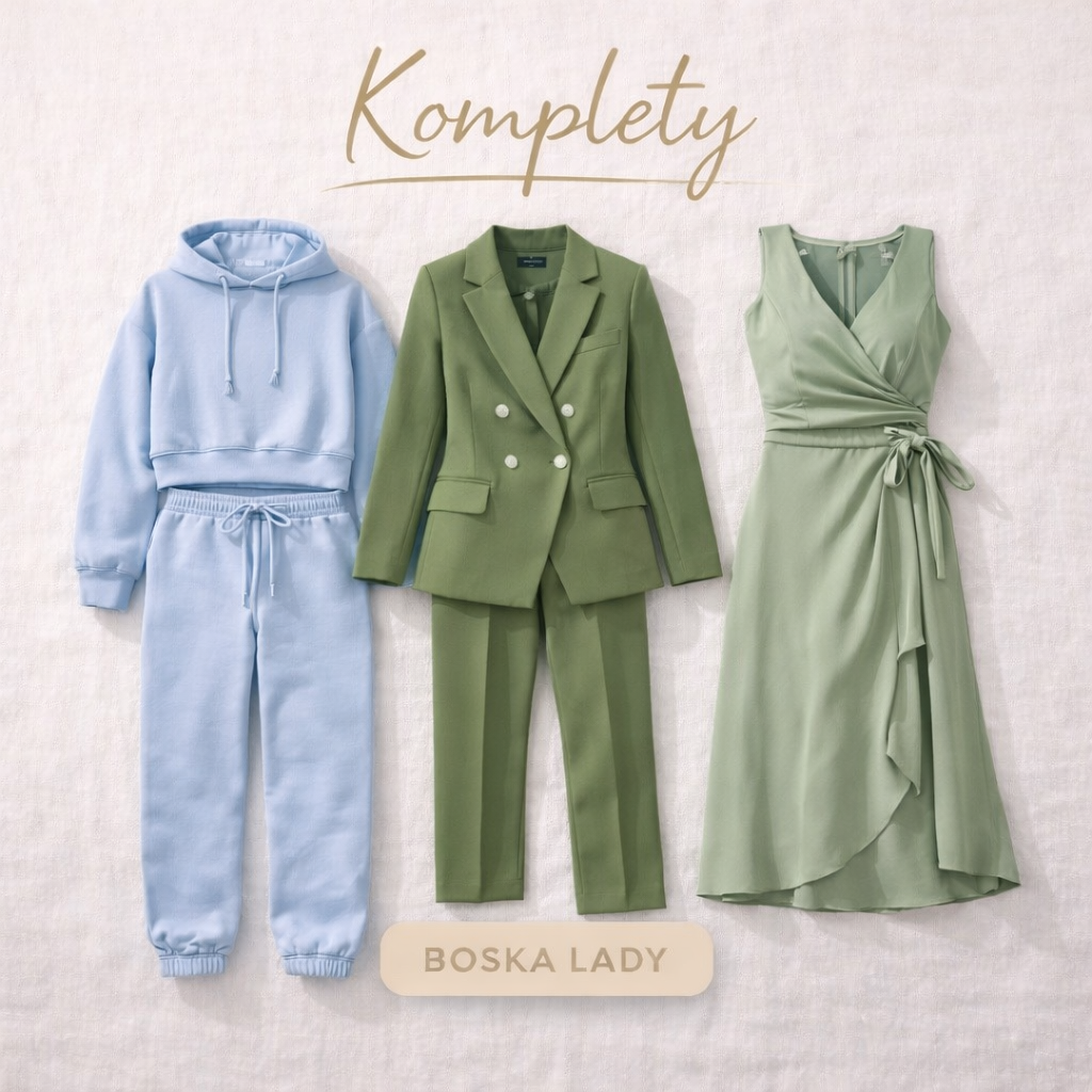 Komplety damskie Boska Lady – elegancki zestaw ze spodniami, dresowy komplet i sukienka w odcieniach niebieskiego i zielonego