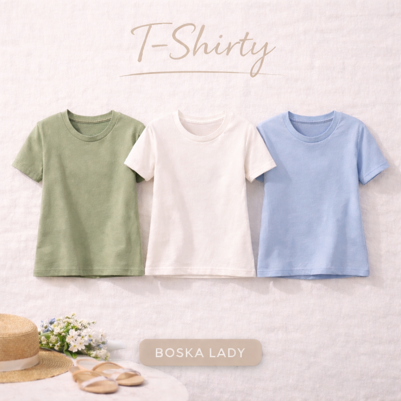T-shirty damskie w kolorze zielonym, białym i niebieskim – stylowe koszulki Boska Lady na jasnym tle