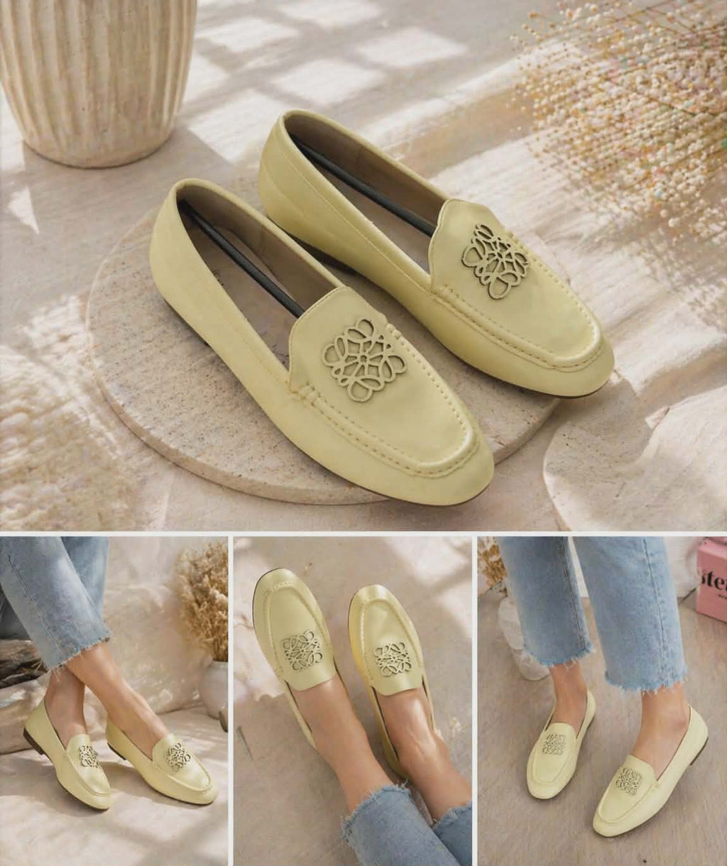 Żółte mokasyny damskie pastelowe eleganckie wygodne loafers buty casual na co dzień stylizacja
