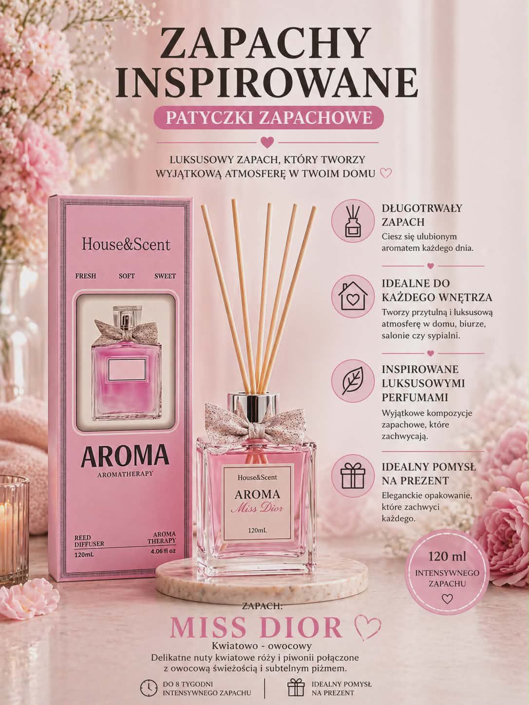 Dyfuzor zapachowy Miss Dior 120 ml – romantyczny, kwiatowo-owocowy zapach do domu