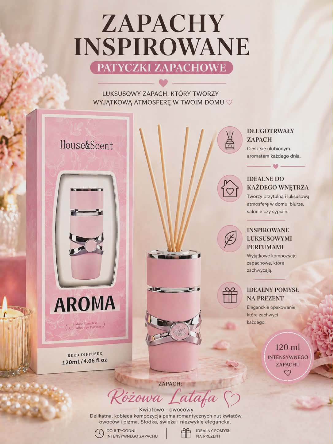 Perfumowane patyczki zapachowe Różowa Lattafa 120 ml – kwiatowo-owocowy, elegancki zapach do domu