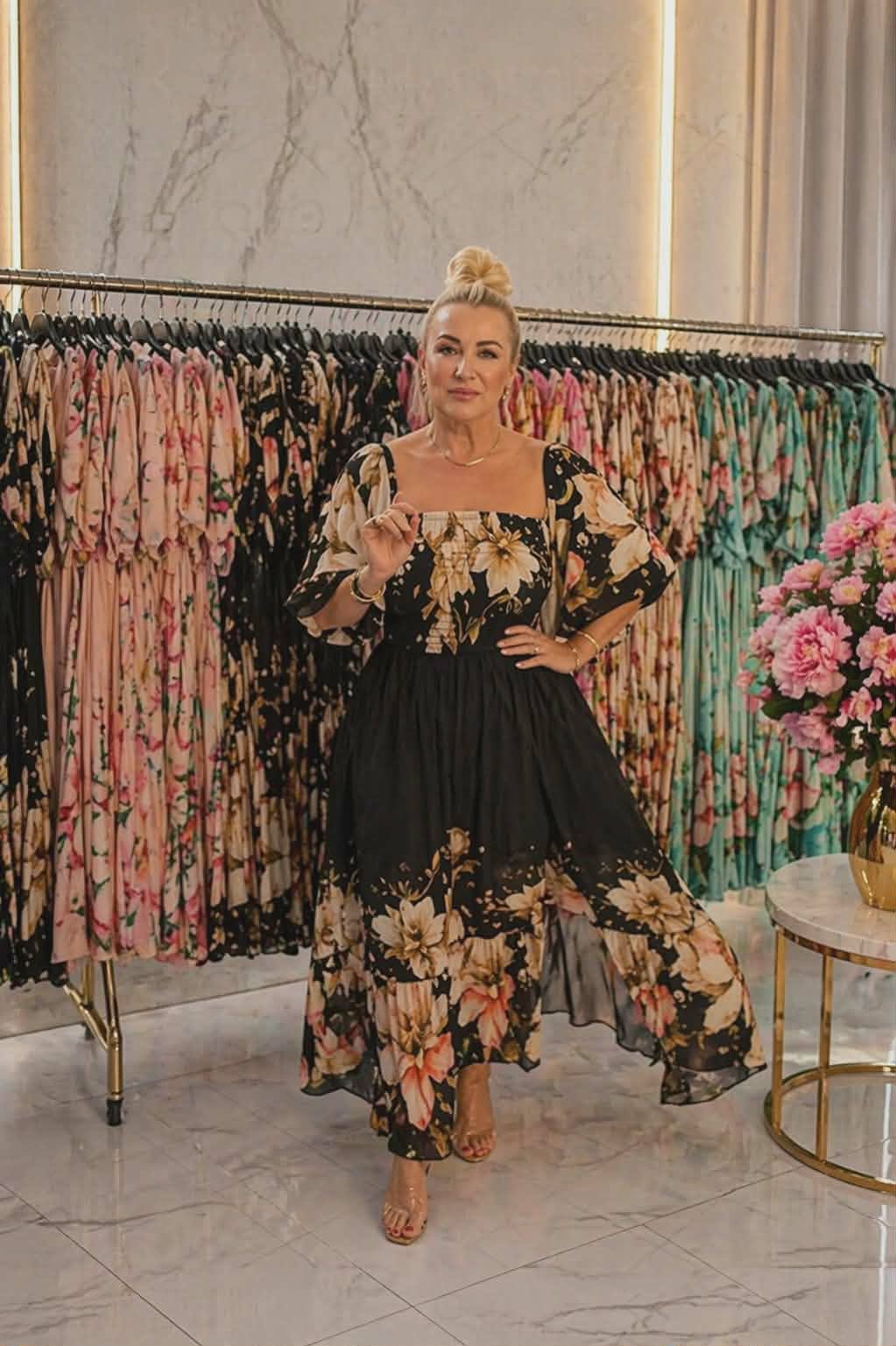 Sukienka hiszpanka maxi w kwiaty damska – czarna elegancka boho Premium