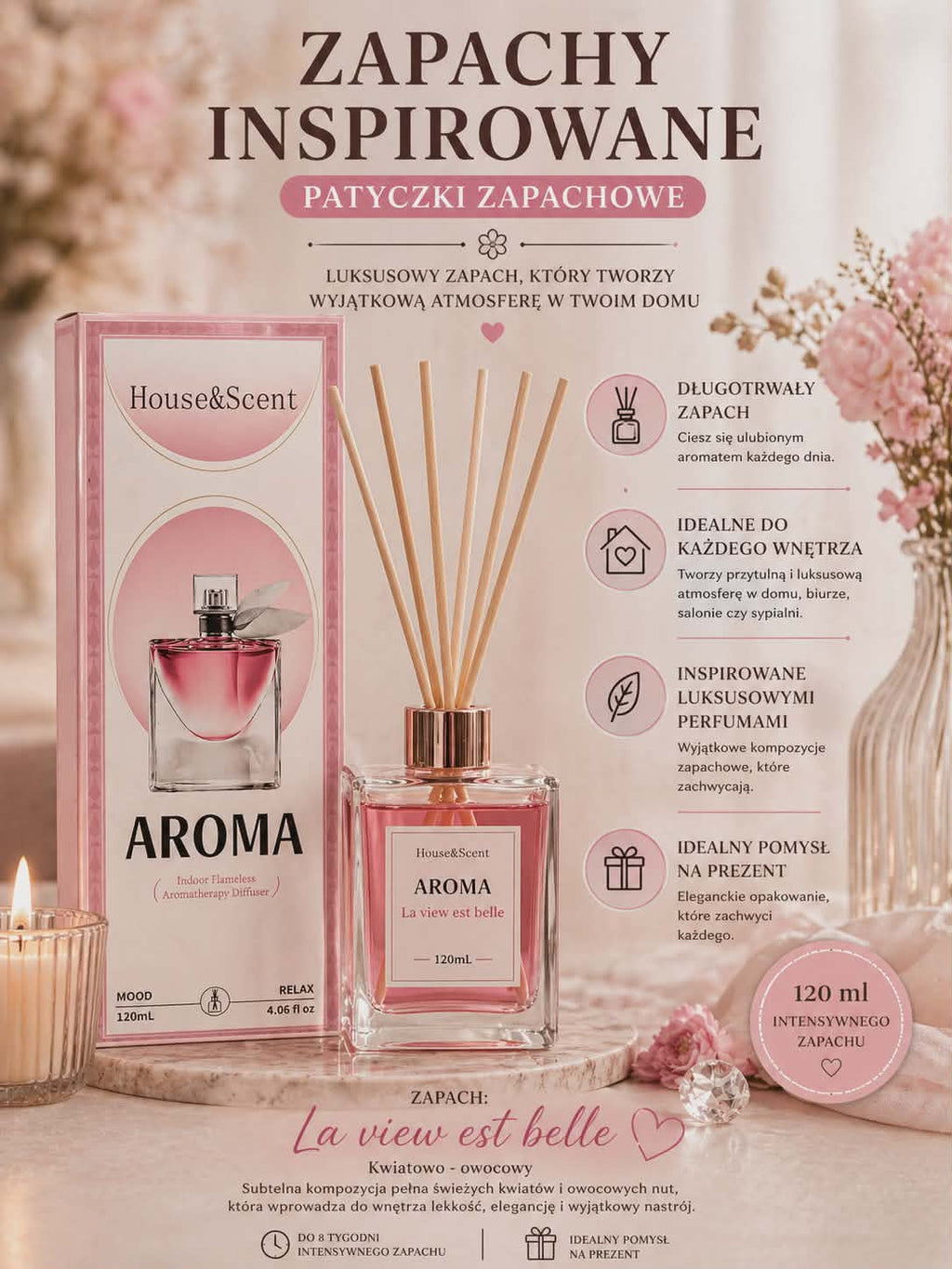 Dyfuzor zapachowy La Vie Est Belle 120 ml – elegancki, kwiatowo-owocowy zapach do domu