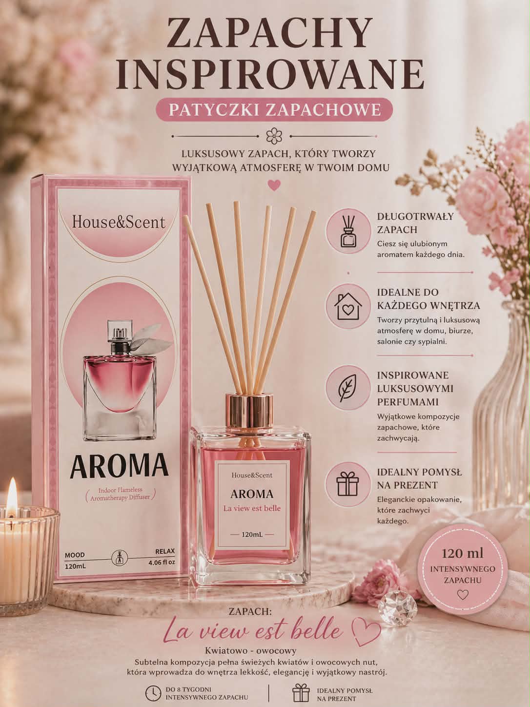 Dyfuzor zapachowy La Vie Est Belle 120 ml – elegancki, kwiatowo-owocowy zapach do domu