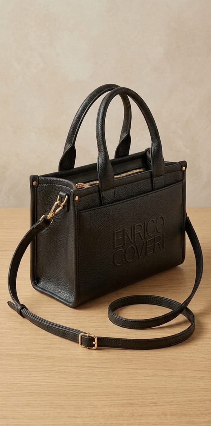Czarna torebka damska Enrico Coveri elegancka z paskiem na ramię i złotymi detalami, stylowa shopper bag premium z zamkiem