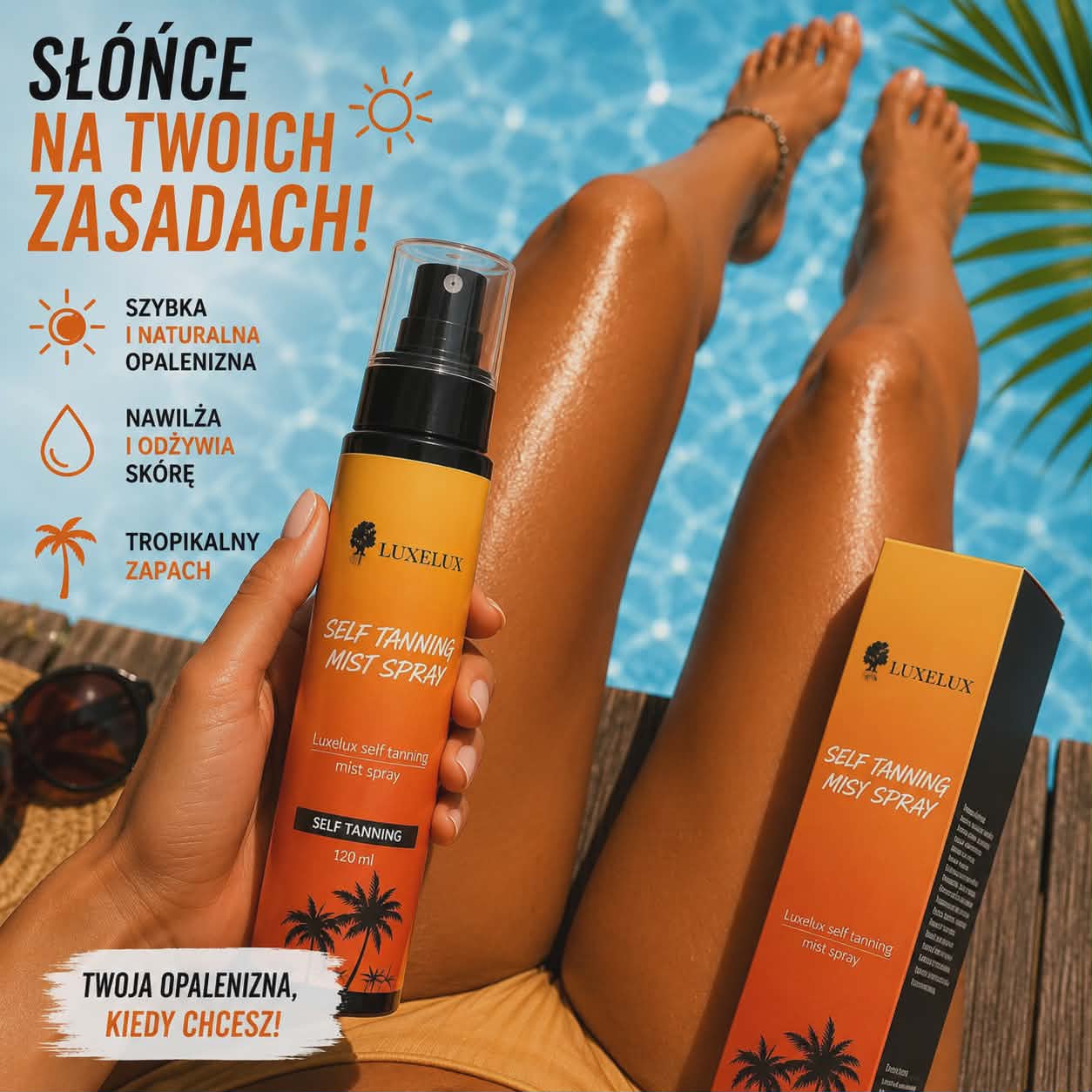 Luxelux Self Tanning Mist Spray 120 ml – samoopalająca mgiełka do ciała zapewniająca naturalną opaleniznę bez smug, nawilżenie skóry oraz tropikalny zapach inspirowany wakacjami.
