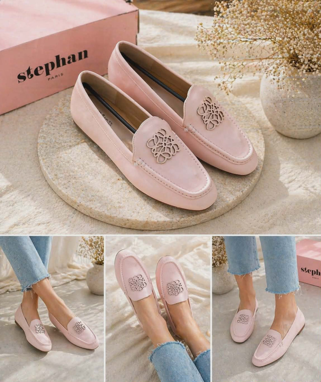 Różowe mokasyny damskie eleganckie wygodne loafers styl casual modne buty na co dzień stylizacja