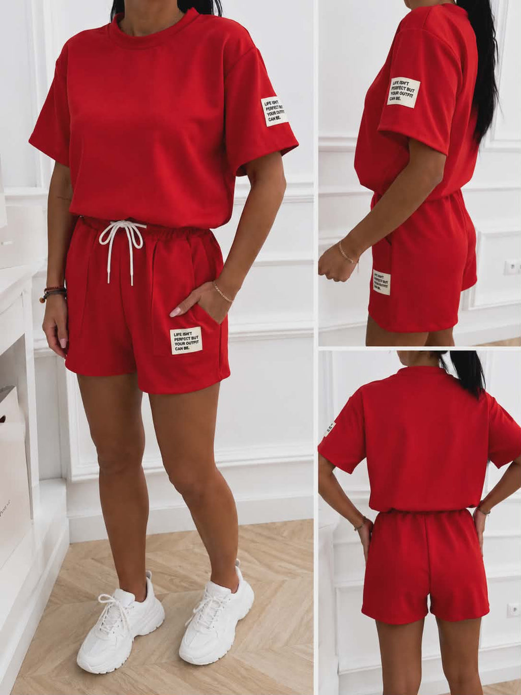 Czerwony damski komplet dresowy premium z luźną koszulką i szortami, idealny na lato, codzienne stylizacje i wygodny casual look.