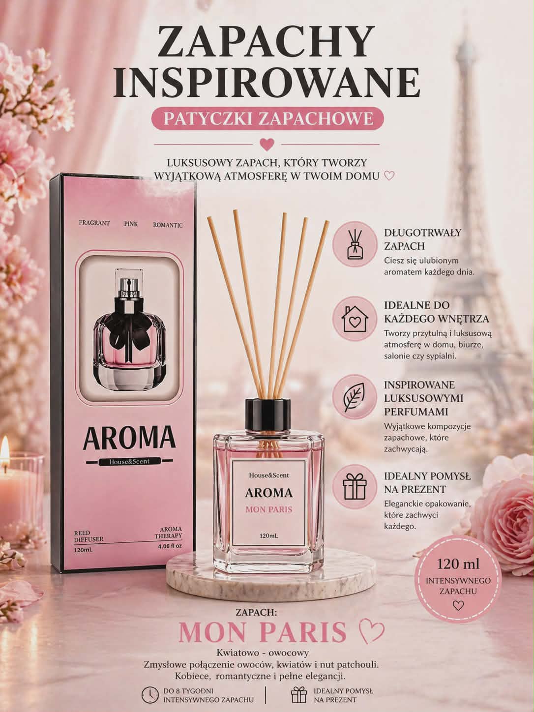 Dyfuzor zapachowy Mon Paris 120 ml – kobiecy, kwiatowo-owocowy zapach do wnętrz