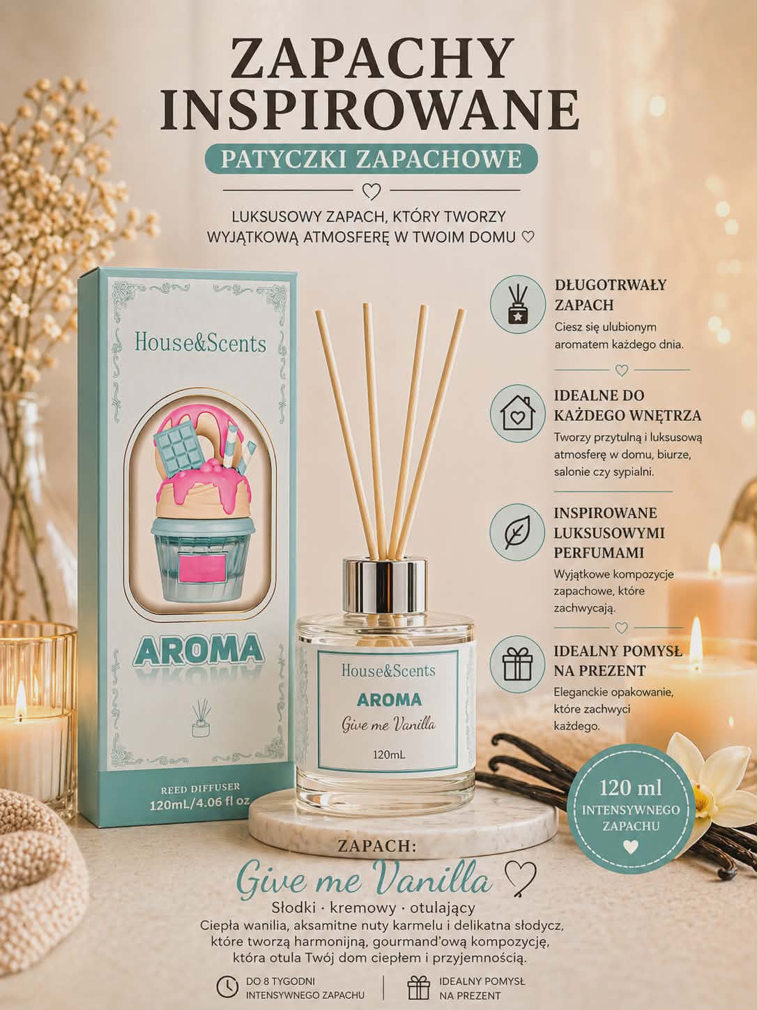 Luksusowe patyczki zapachowe Give Me Vanilla 120 ml inspirowane perfumami do domu