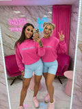 Damski komplet Pink Mania – różowa bluza i błękitne kolarki, modny zestaw casual w stylu streetwear z dopasowanym krojem
