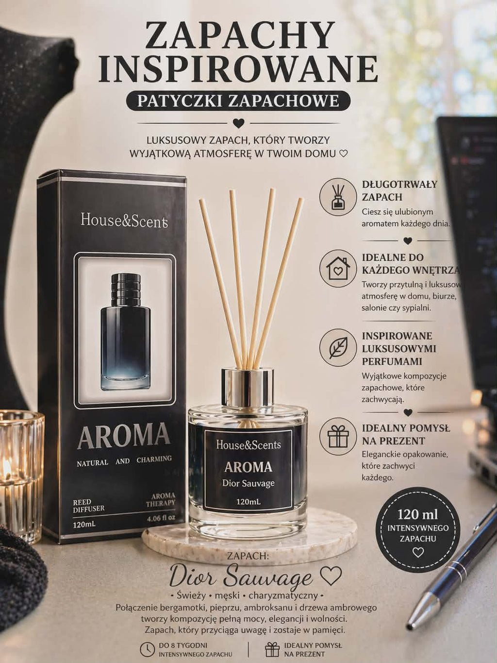 Dyfuzor zapachowy Dior Sauvage 120 ml – świeży, męski, drzewno-przyprawowy zapach do wnętrz