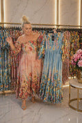 Sukienka hiszpanka maxi w kwiaty damska – pastelowy róż i błękitny model boho premium