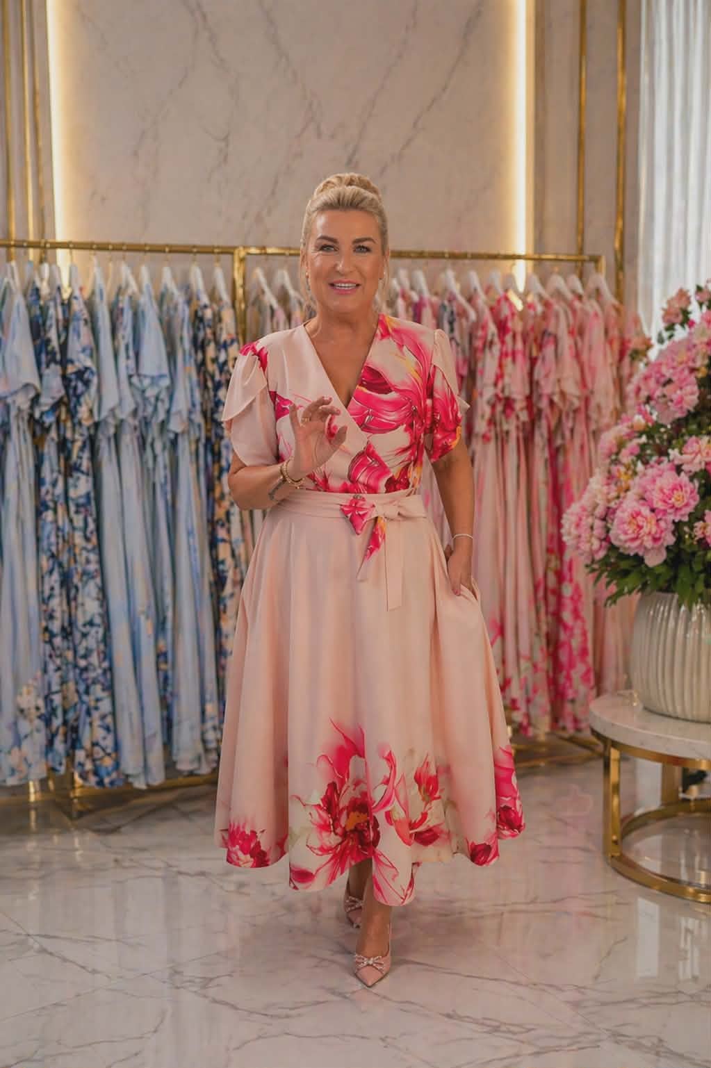 Elegancka sukienka damska plus size w kwiaty midi Eliza Premium w odcieniach pudrowego różu