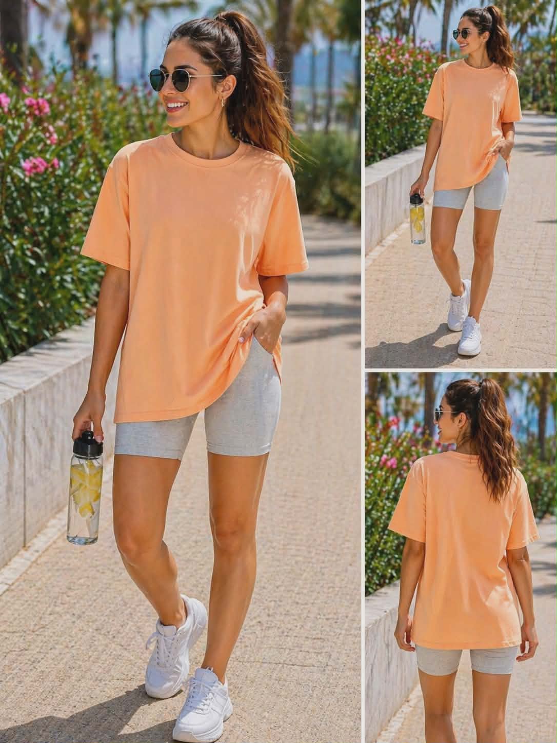 Damski t-shirt oversize w kolorze brzoskwiniowym – bawełniana koszulka basic idealna na lato, styl casual i sportowy