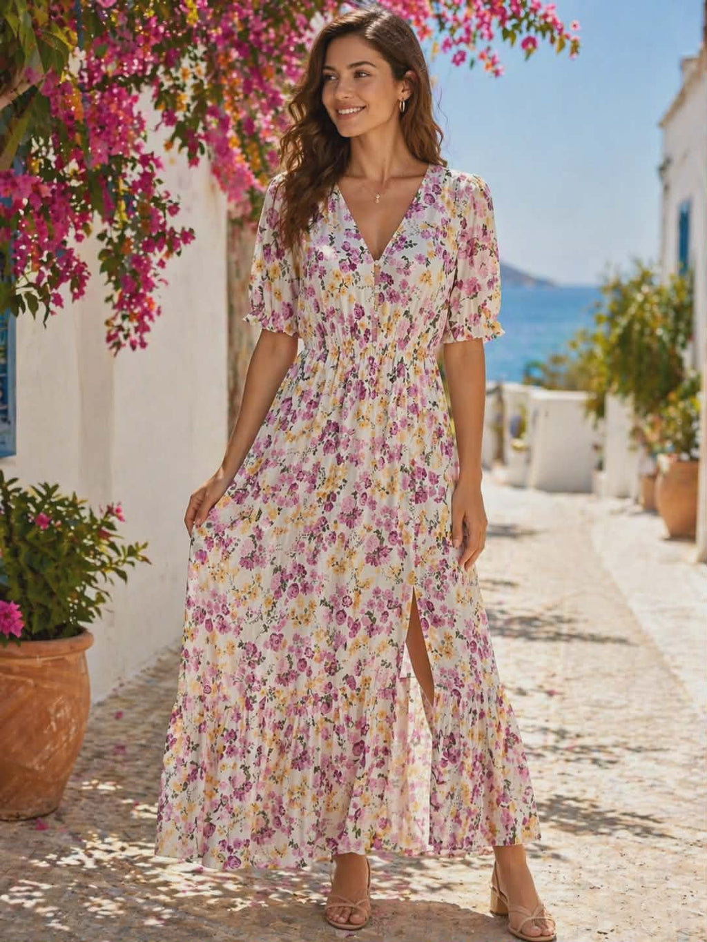 Długa sukienka maxi w kwiaty na jasnym tle, damska, lekka i zwiewna, styl boho na lato