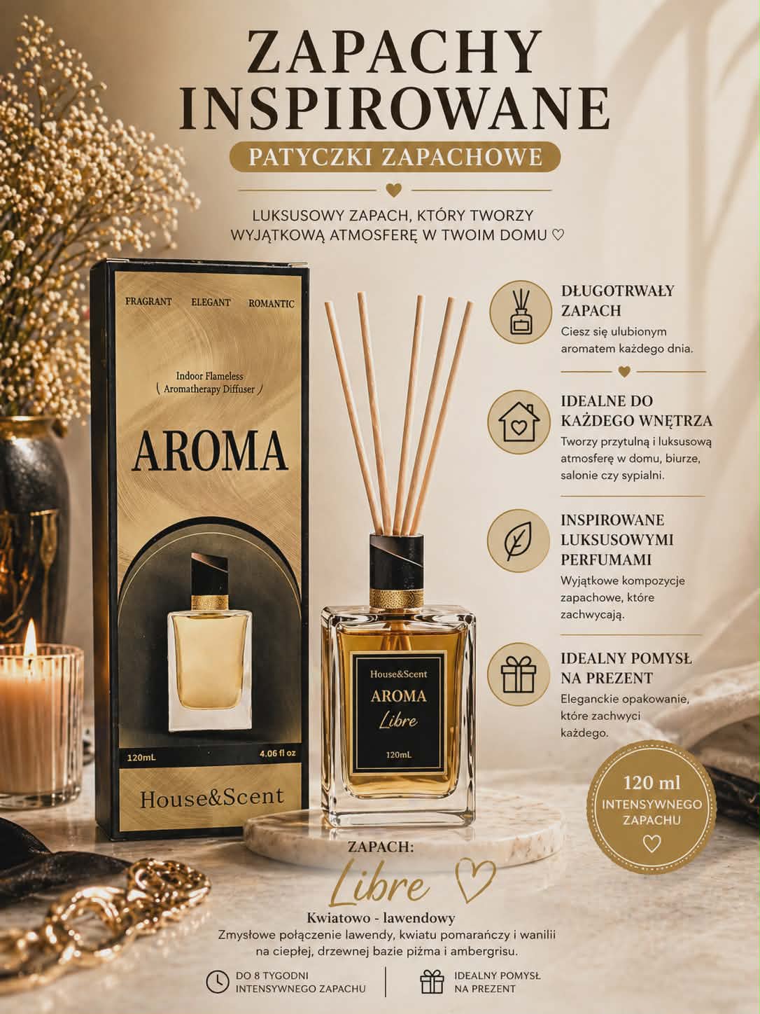 Dyfuzor zapachowy Libre 120 ml – elegancki, lawendowo-kwiatowy zapach do domu