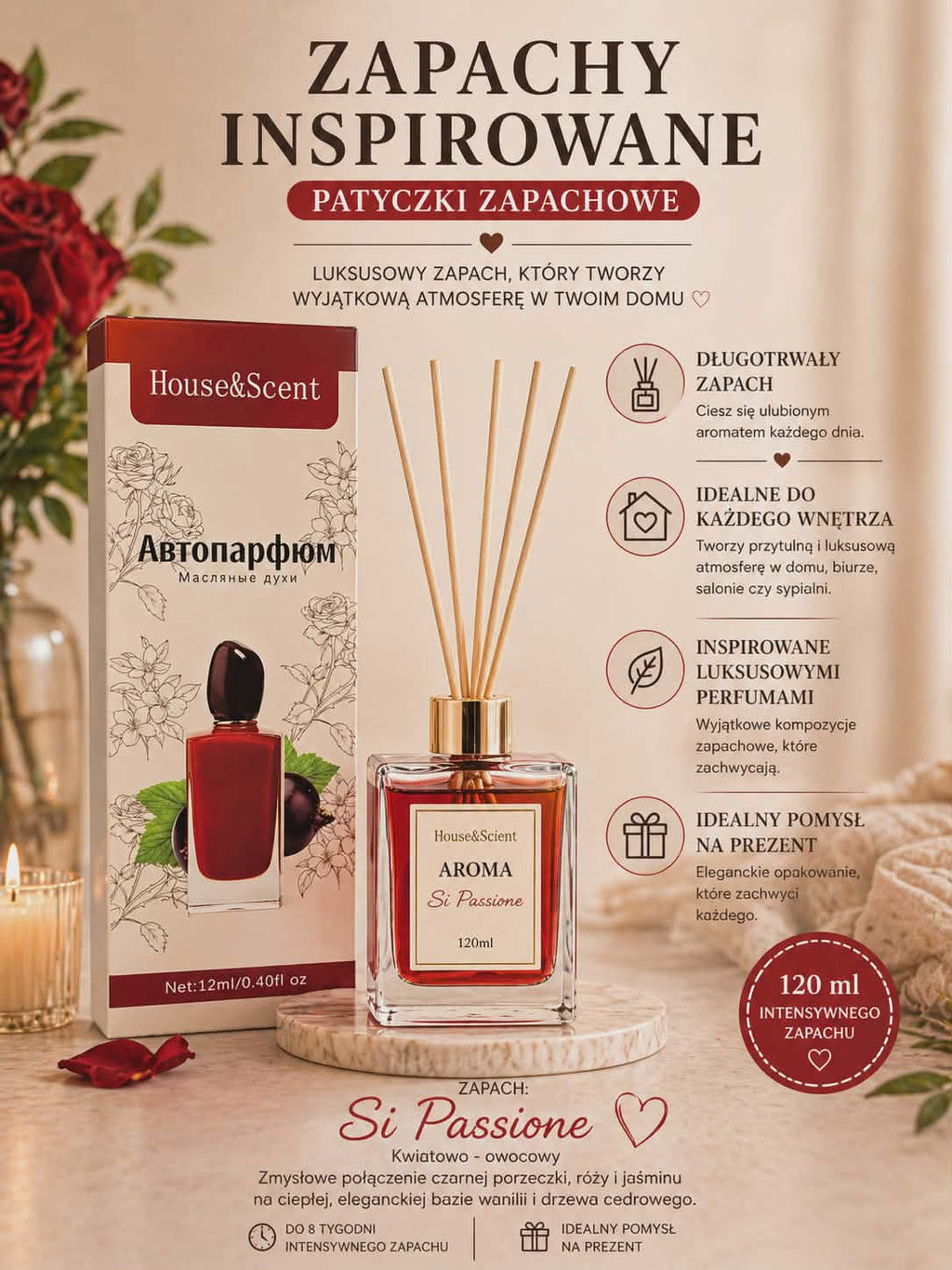 Dyfuzor zapachowy Si Passione 120 ml – zmysłowy, kwiatowo-owocowy zapach do wnętrz
