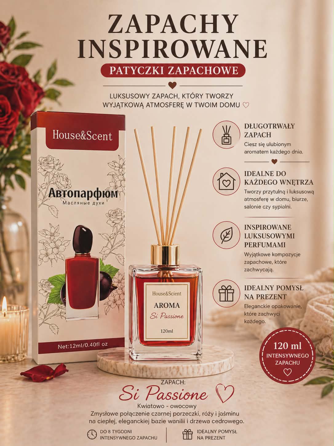 Dyfuzor zapachowy Si Passione 120 ml – zmysłowy, kwiatowo-owocowy zapach do wnętrz