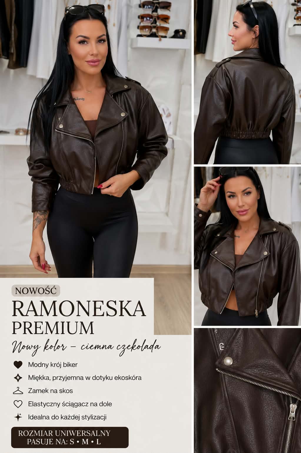 Damska ramoneska Premium w kolorze ciemnej czekolady prezentowana z przodu i z tyłu, wykonana z miękkiej ekoskóry.