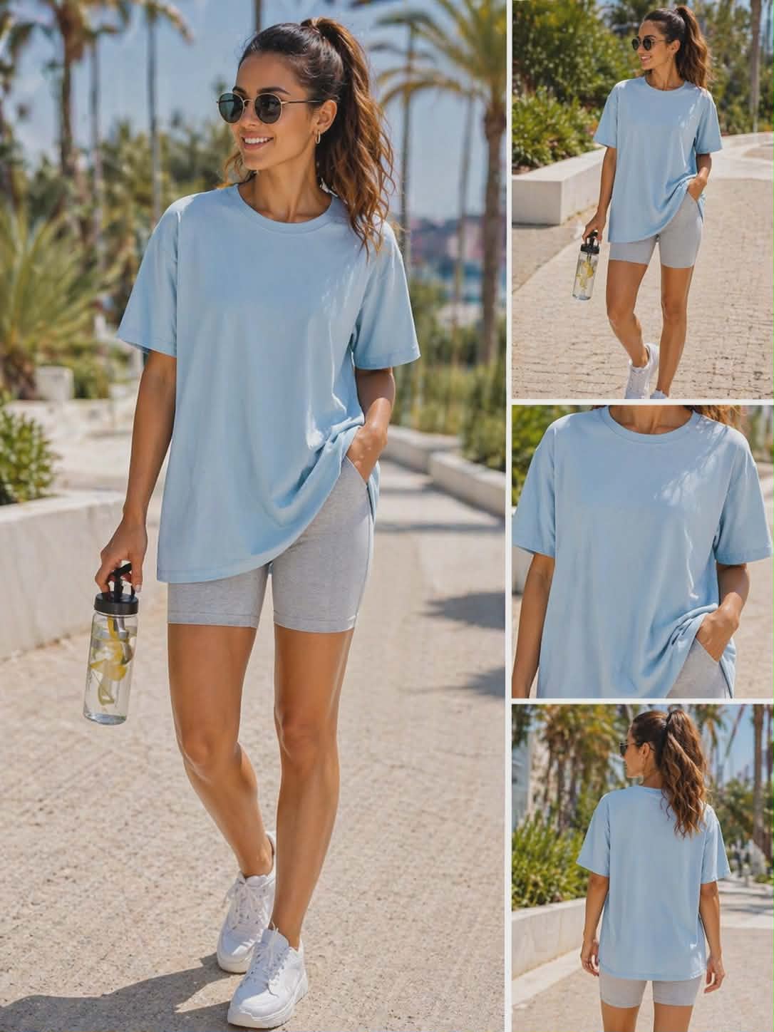 Damski t-shirt oversize w kolorze błękitnym – bawełniana koszulka basic na lato, lekka i wygodna stylizacja casual