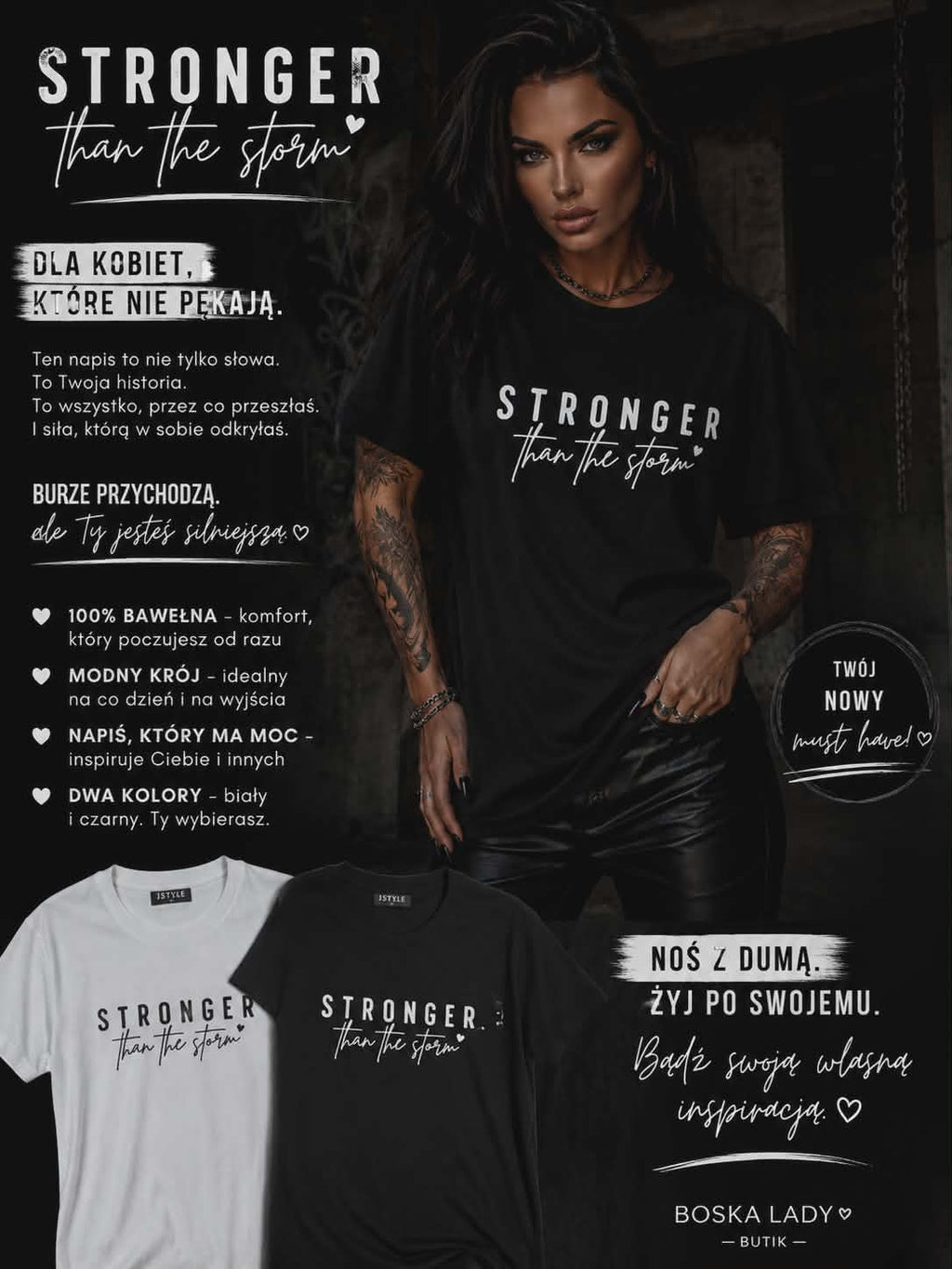 Grafika promująca t-shirt damski Stronger Than The Storm w kolorze czarnym i białym, wykonany z bawełny, z inspirującym nadrukiem dla silnych kobiet.