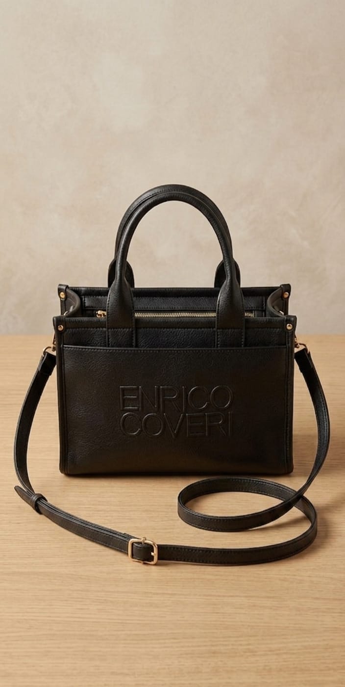 Czarna elegancka torebka damska Enrico Coveri z paskiem na ramię i uchwytami, stylowa shopper bag premium