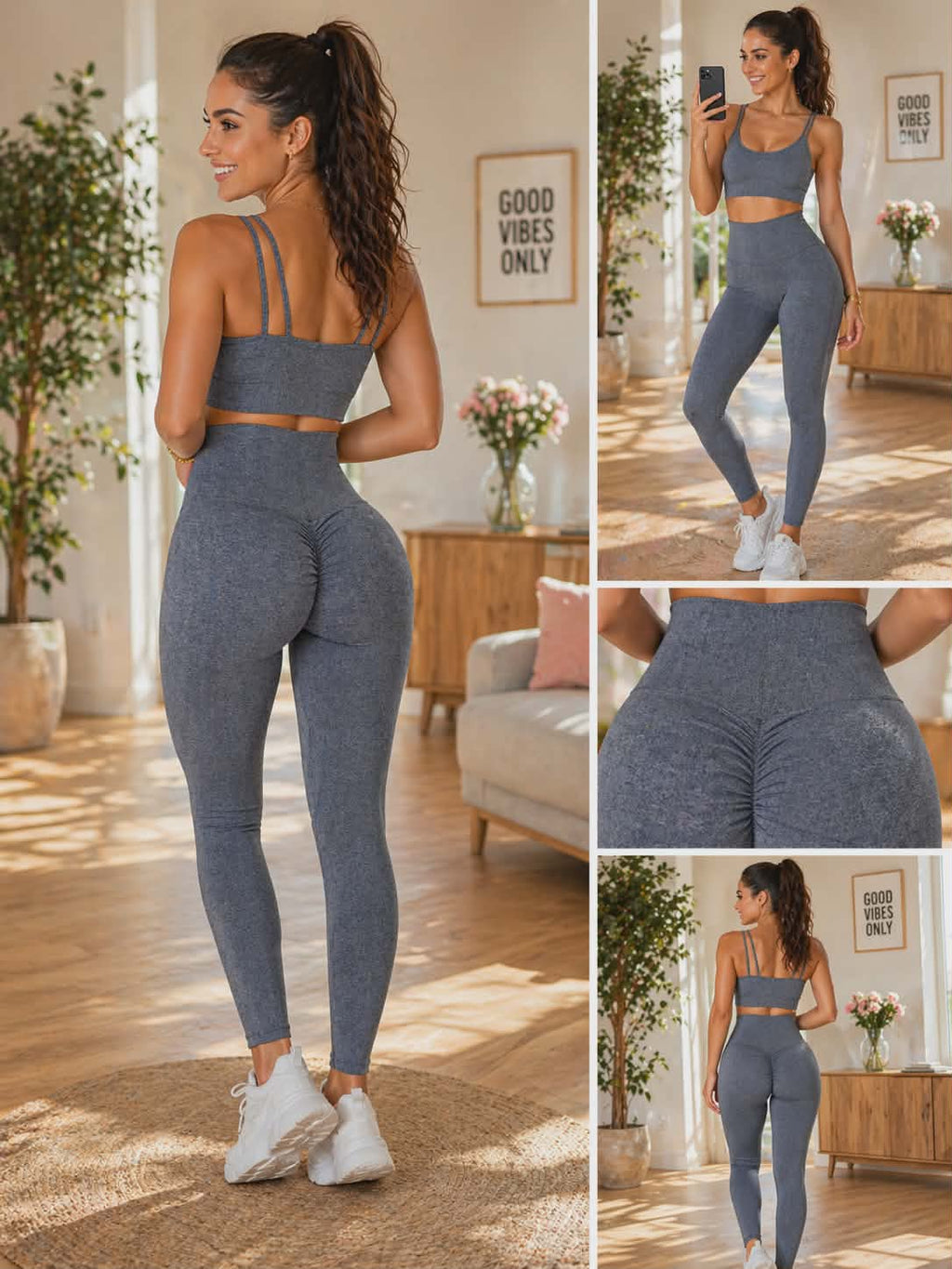Damskie leginsy modelujące push up w kolorze jeansowym, wysoka talia, elastyczny materiał podkreślający sylwetkę, styl sportowy i casual
