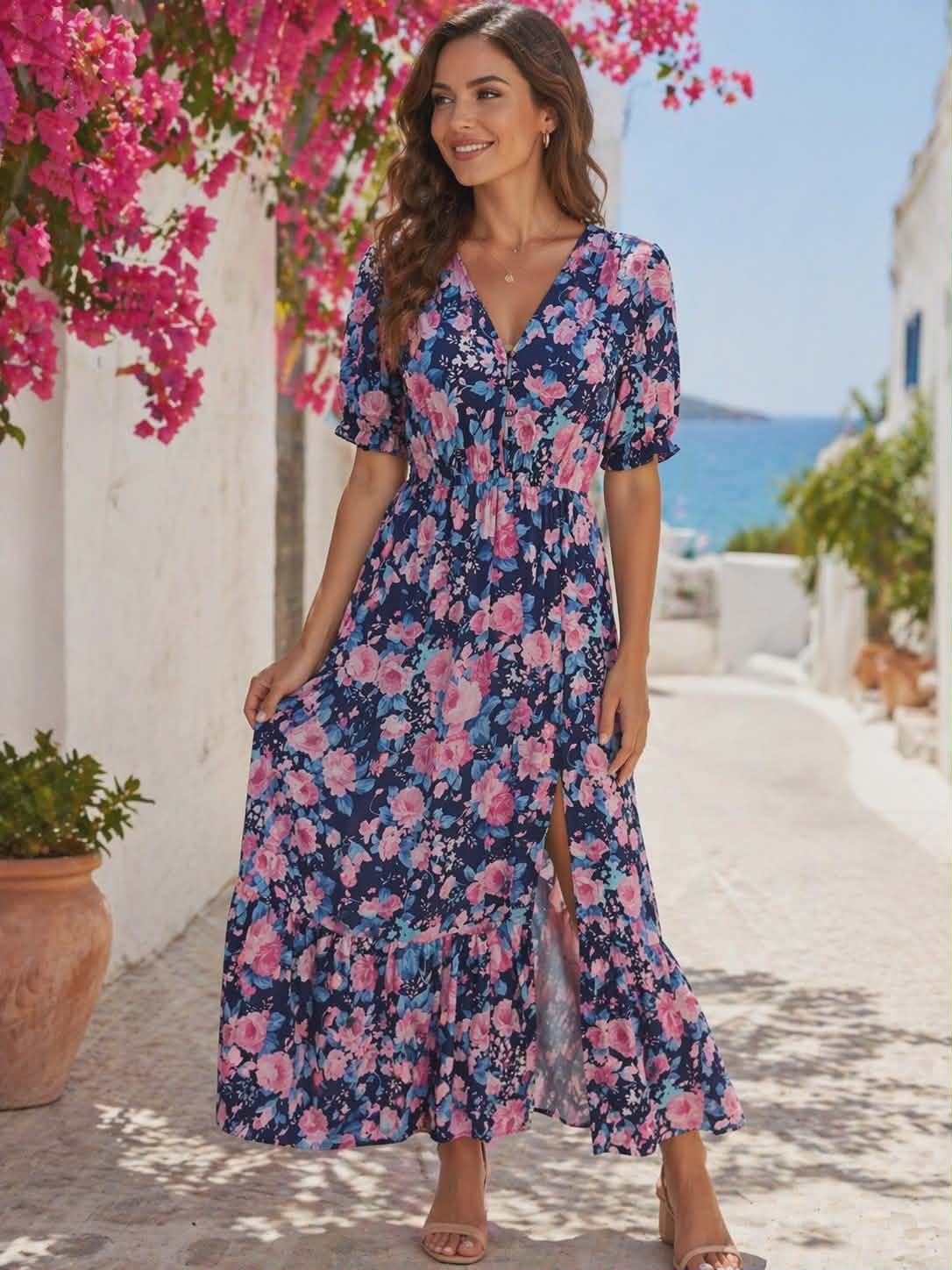 Długa sukienka maxi w kwiaty na granatowym tle, damska, lekka i zwiewna, styl boho na lato