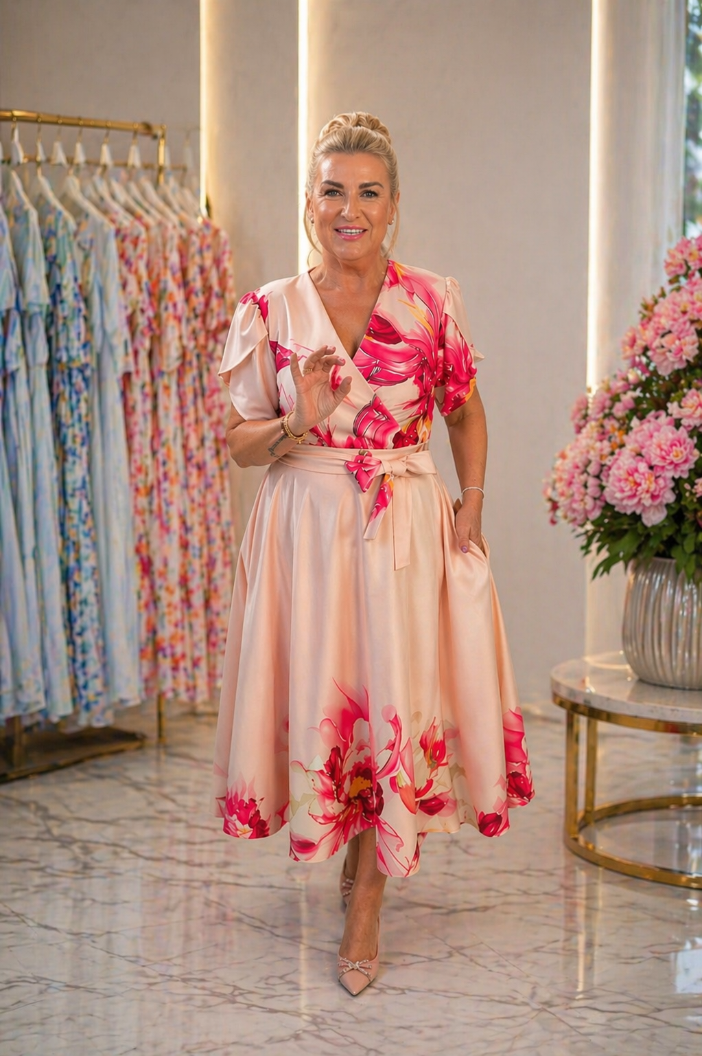 Elegancka sukienka damska plus size w kwiaty midi Eliza Premium w odcieniach pudrowego różu i czerwieni
