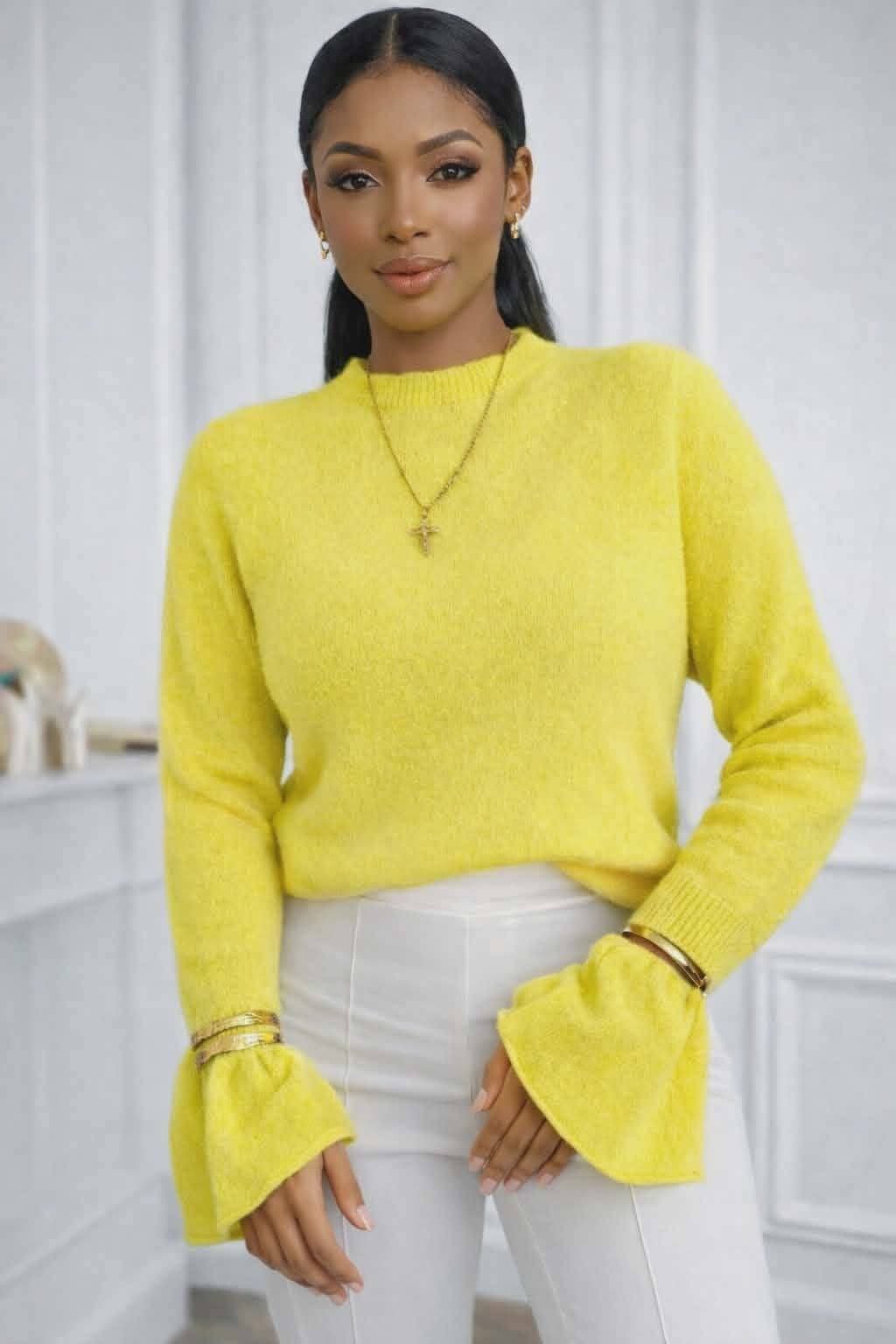 Żółty sweter damski baby alpaka premium, miękki i elegancki model z długim rękawem do stylizacji jesień-zima