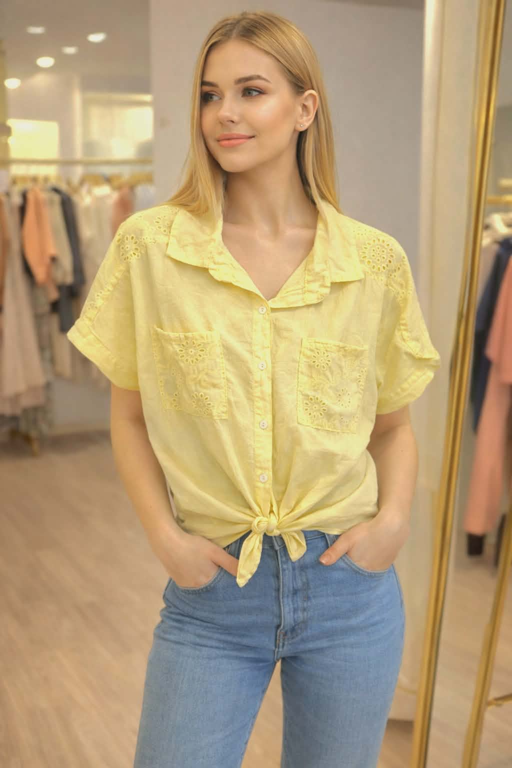 Koszula damska letnia żółta z haftem, bawełniana bluzka casual wiązana do jeansów