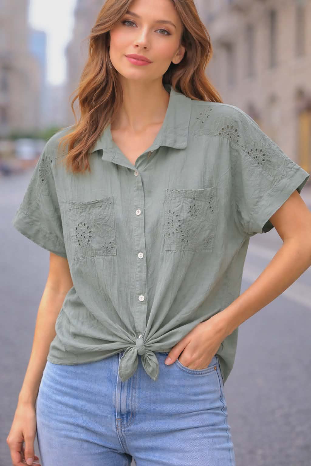Koszula damska letnia khaki z haftem bawełniana bluzka casual wiązana elegancka