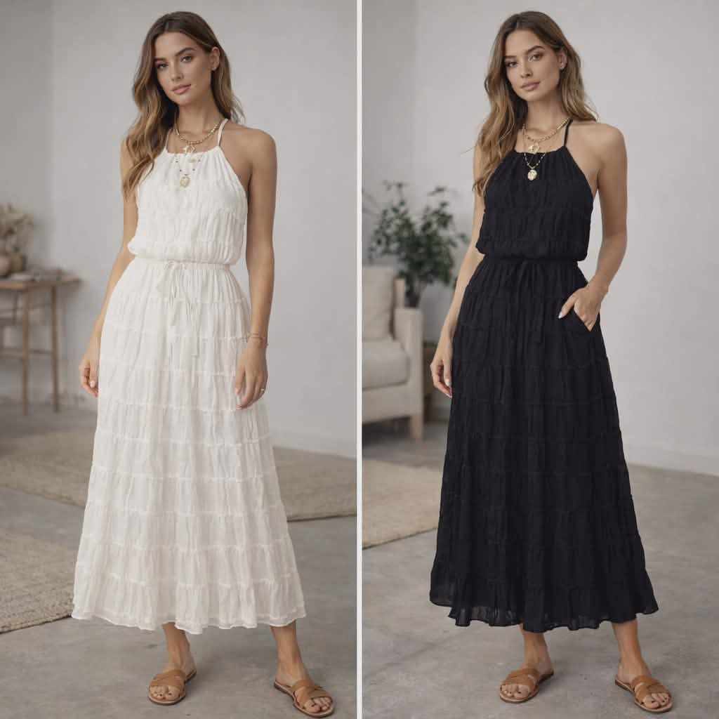 Letnia sukienka maxi boho damska w kolorze białym i czarnym z wiązaniem na szyi, lekka i zwiewna idealna na wakacje i codzienne stylizacje