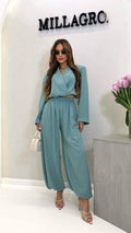 Komplet damski elegancki Viki Millagro w kolorze miętowym z szerokimi spodniami i kopertową górą, styl premium casual chic