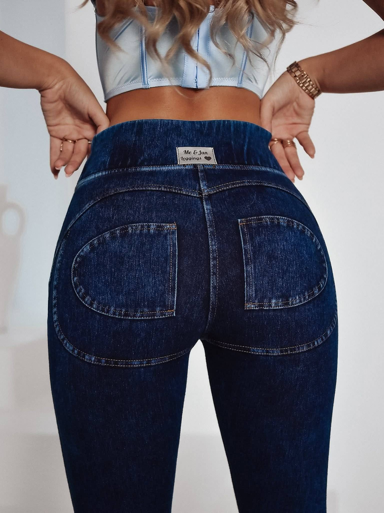 Damskie legginsy jeansowe push up Me&Jan z wysokim stanem, modelujące pośladki i talię, dopasowany krój slim fit, widok z tyłu