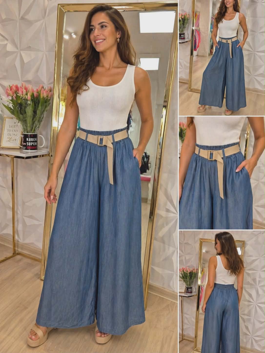 Szerokie spodnie damskie z paskiem w kolorze niebieskim – lekka wiskoza, styl casual elegancki