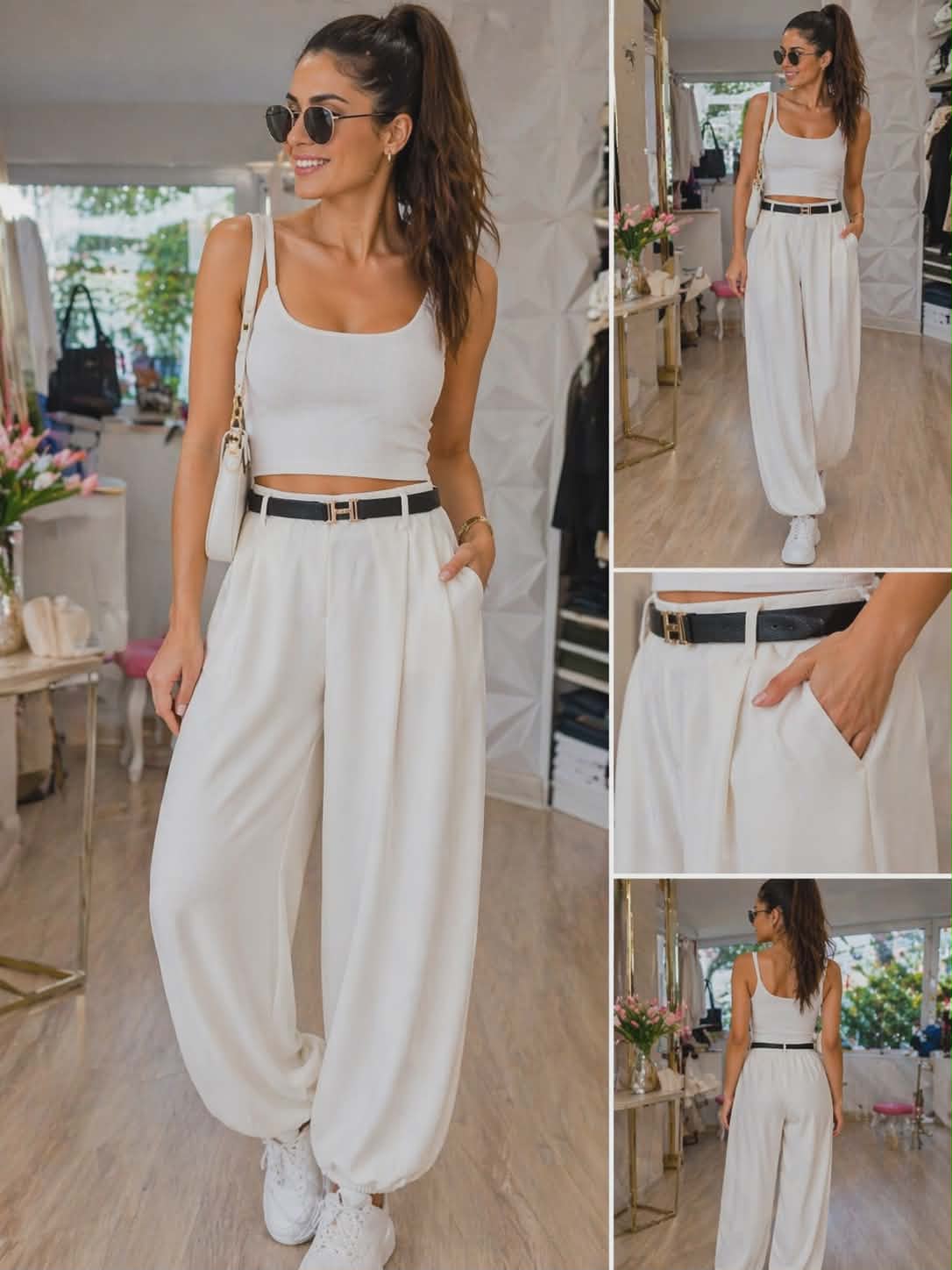 Eleganckie spodnie damskie Hermes z paskiem w kolorze ecru, luźny krój, wysoki stan, stylowy i komfortowy outfit na co dzień
