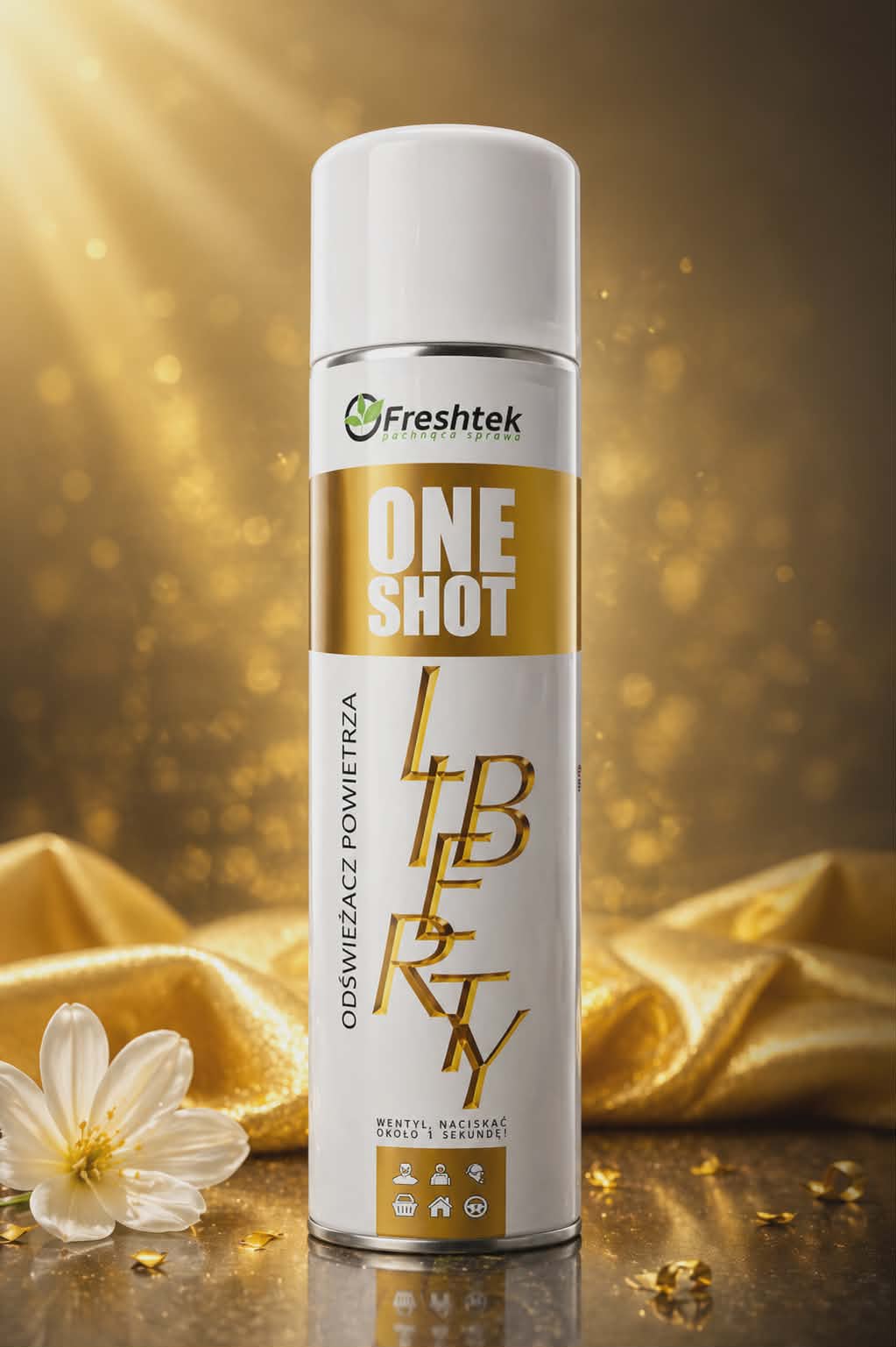 Odświeżacz powietrza One Shot Liberty Freshtek – luksusowy biało-złoty spray o eleganckim, premium zapachu do domu i samochodu