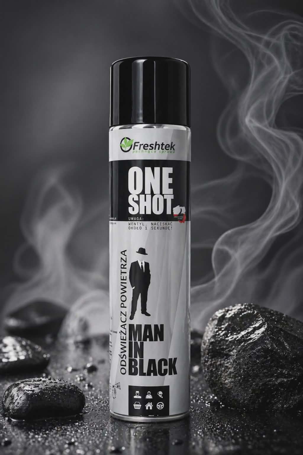 Odświeżacz powietrza One Shot Man in Black Freshtek – czarny spray o intensywnym, męskim zapachu z nutą drzewną do domu i samochodu