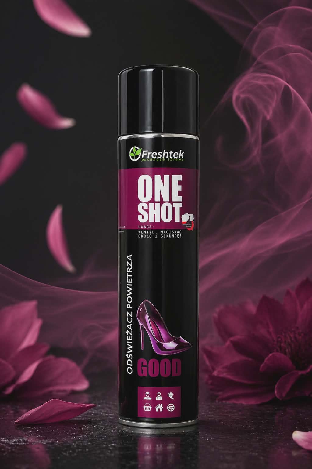 Odświeżacz powietrza One Shot Good Freshtek – czarno-różowy spray o zmysłowym, kobiecym zapachu z nutą kwiatową do domu i samochodu
