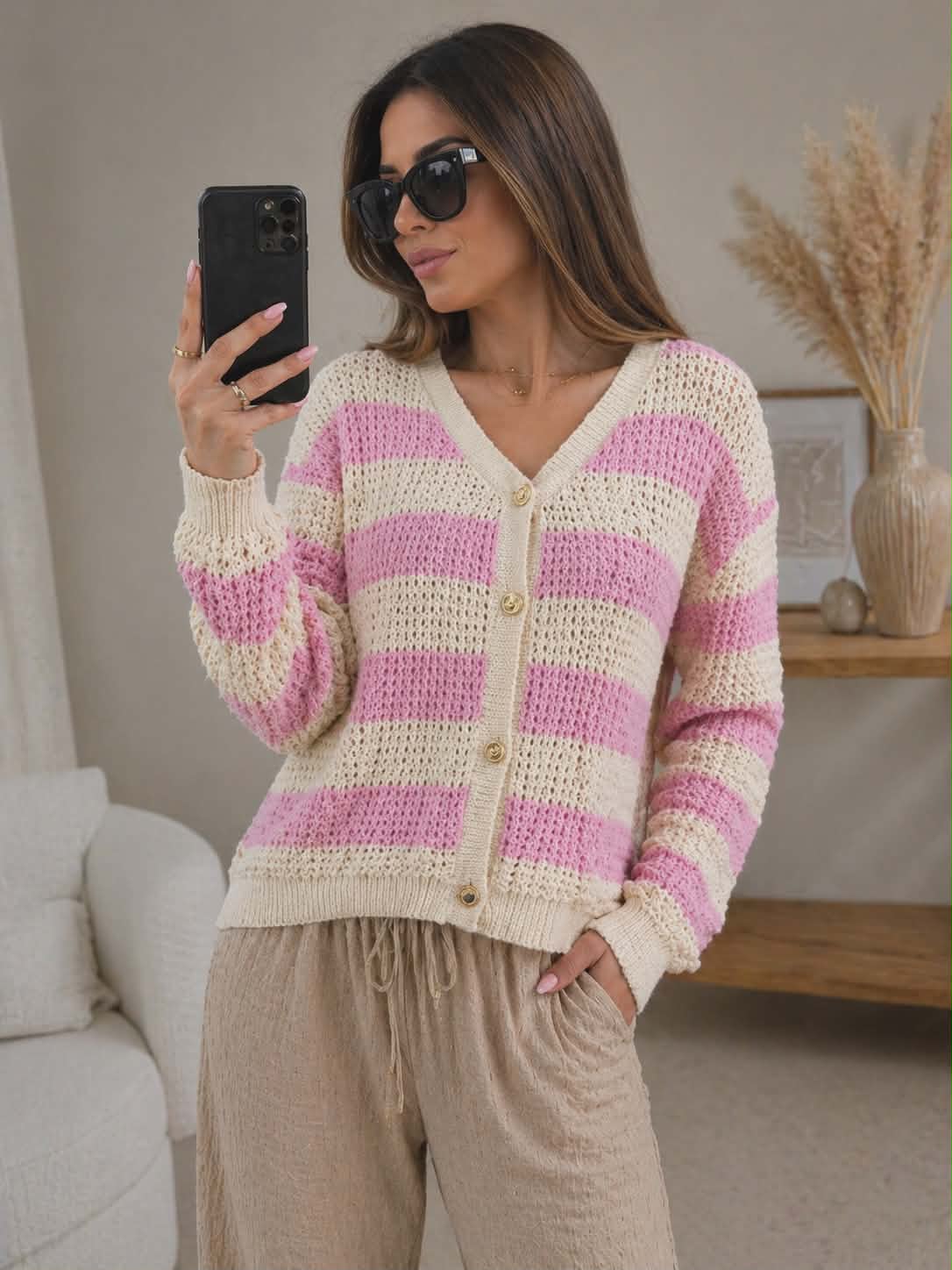Damski sweter w paski różowo-beżowe z guzikami, lekki kardigan w stylu casual
