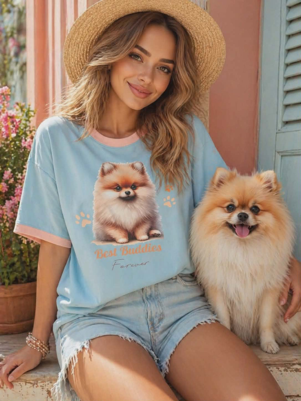 T-shirt damski Best Buddies z nadrukiem pieska, niebieski, casualowy styl letni