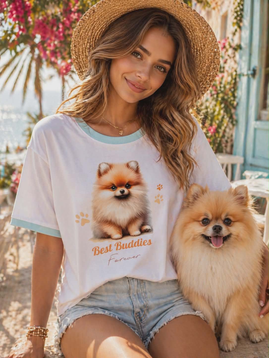 T-shirt damski Best Buddies z nadrukiem pieska, biały, letni styl casual z krótkim rękawem