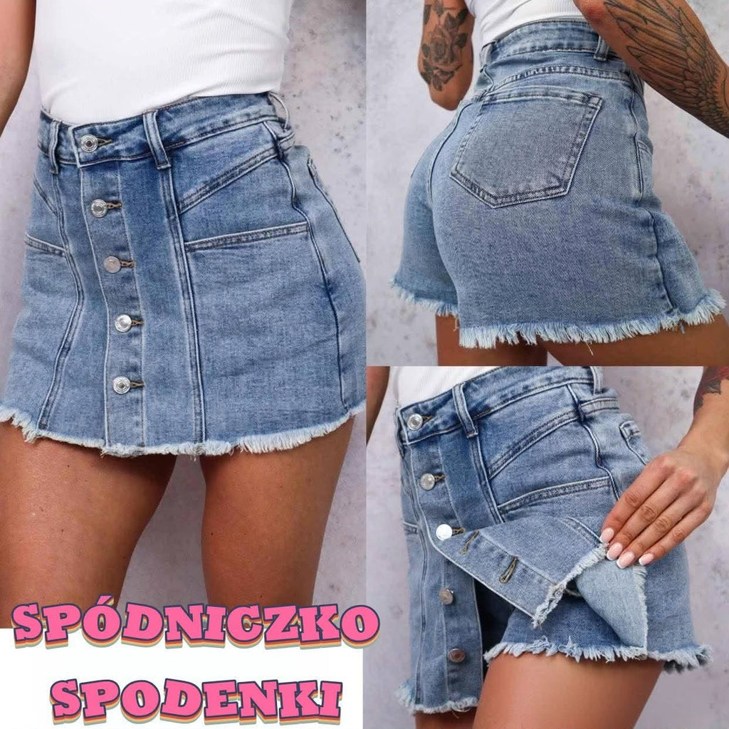 Spódniczko-spodenki jeansowe damskie z wysokim stanem i guzikami z przodu