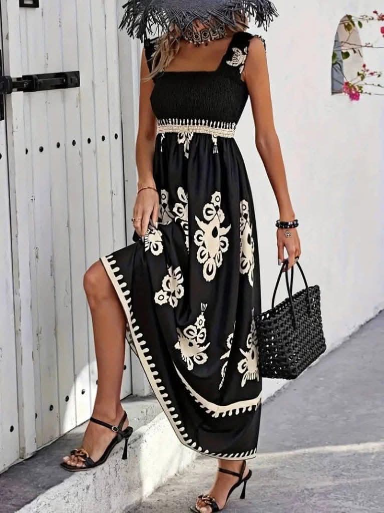 Damska czarna sukienka boho maxi z eleganckim wzorem i lekkim letnim fasonem