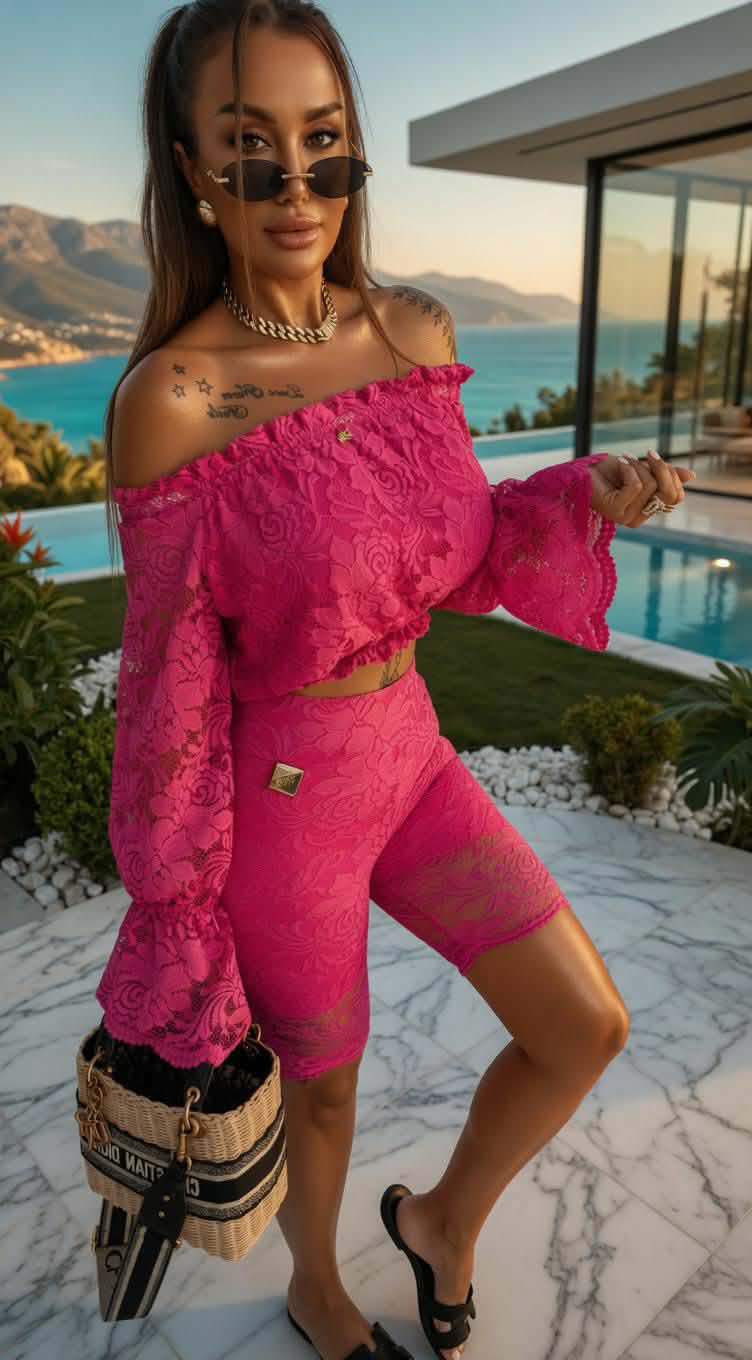 Koronkowa różowa hiszpanka damska Pink Mania z odkrytymi ramionami w eleganckiej wakacyjnej stylizacji przy basenie.